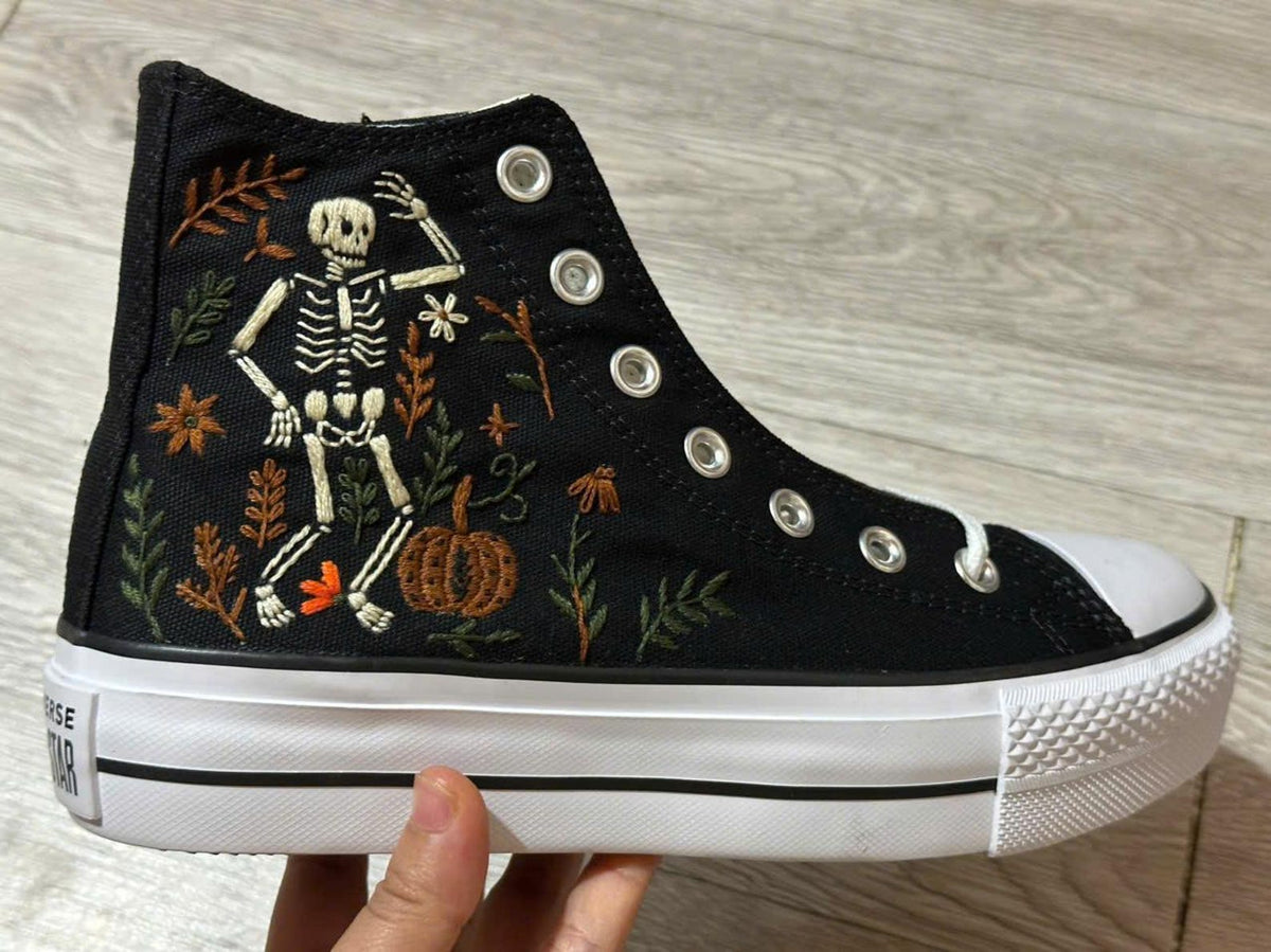 Hand Embroidered Halloween Sneakers, Ghost Pumpkin Spiderweb Design (Customizable)