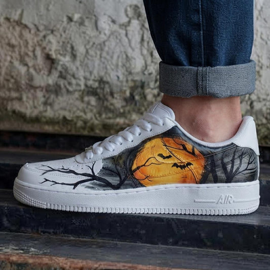 Custom Halloween Horror White and Orange Design Color AF1 Sneakers | Hand Painted Streetwear Footwear