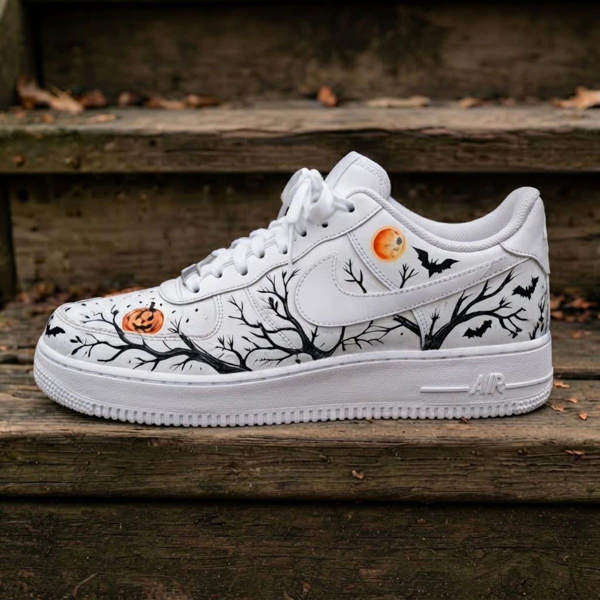 Custom Halloween Horror White and Orange Design Color AF1 Sneakers | Hand Painted Streetwear Footwear