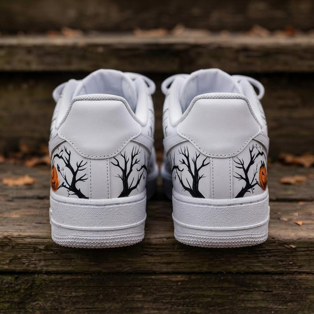 Custom Halloween Horror White and Orange Design Color AF1 Sneakers | Hand Painted Streetwear Footwear