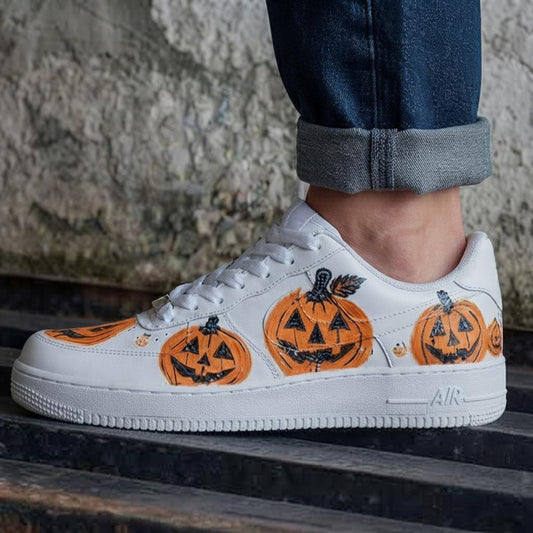 Custom Halloween Horror White and Orange Design Color AF1 Sneakers | Hand Painted Streetwear Footwear