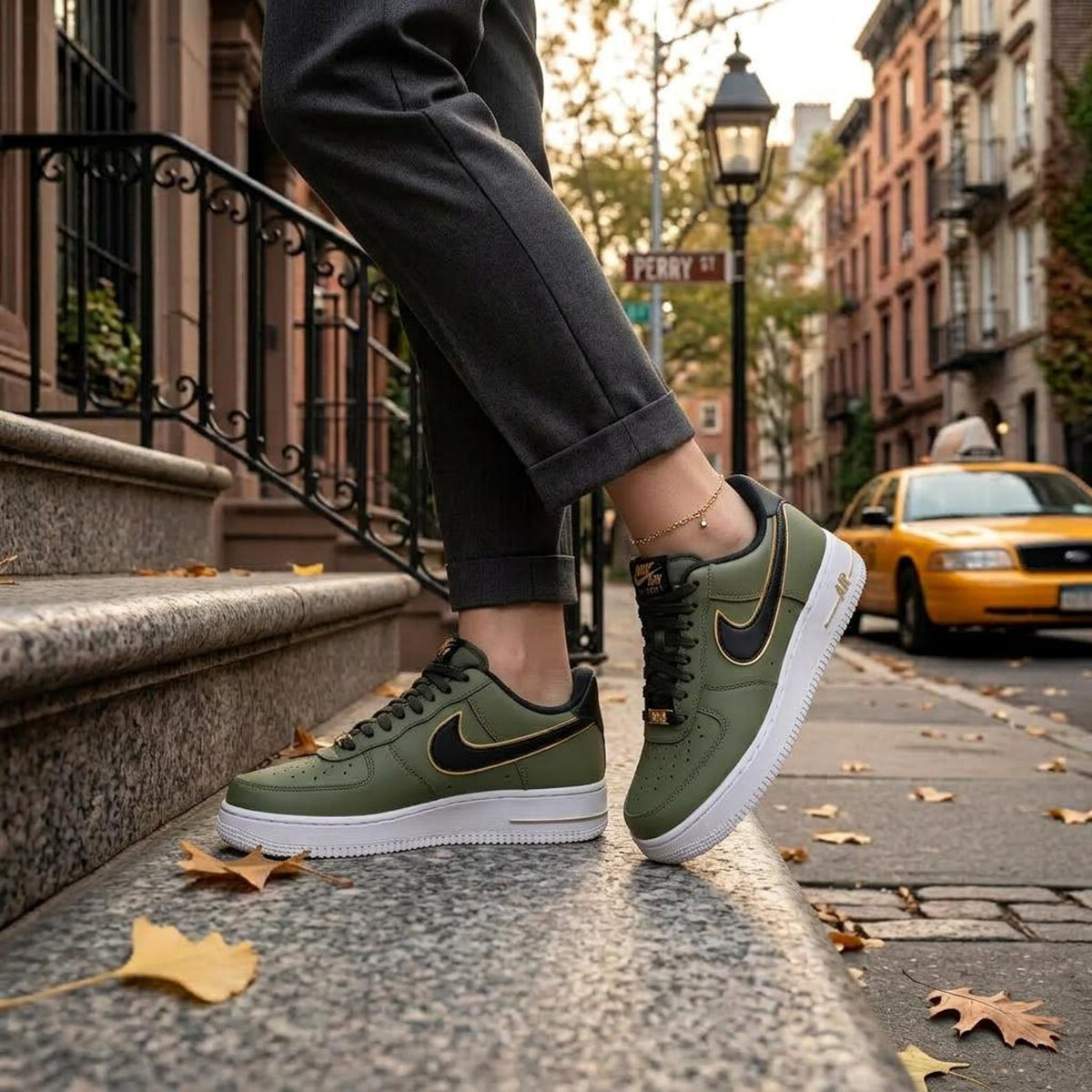 Custom Sage Green Sneakers, Hand Painted Luxury Streetwear Footwear, Black Swoosh