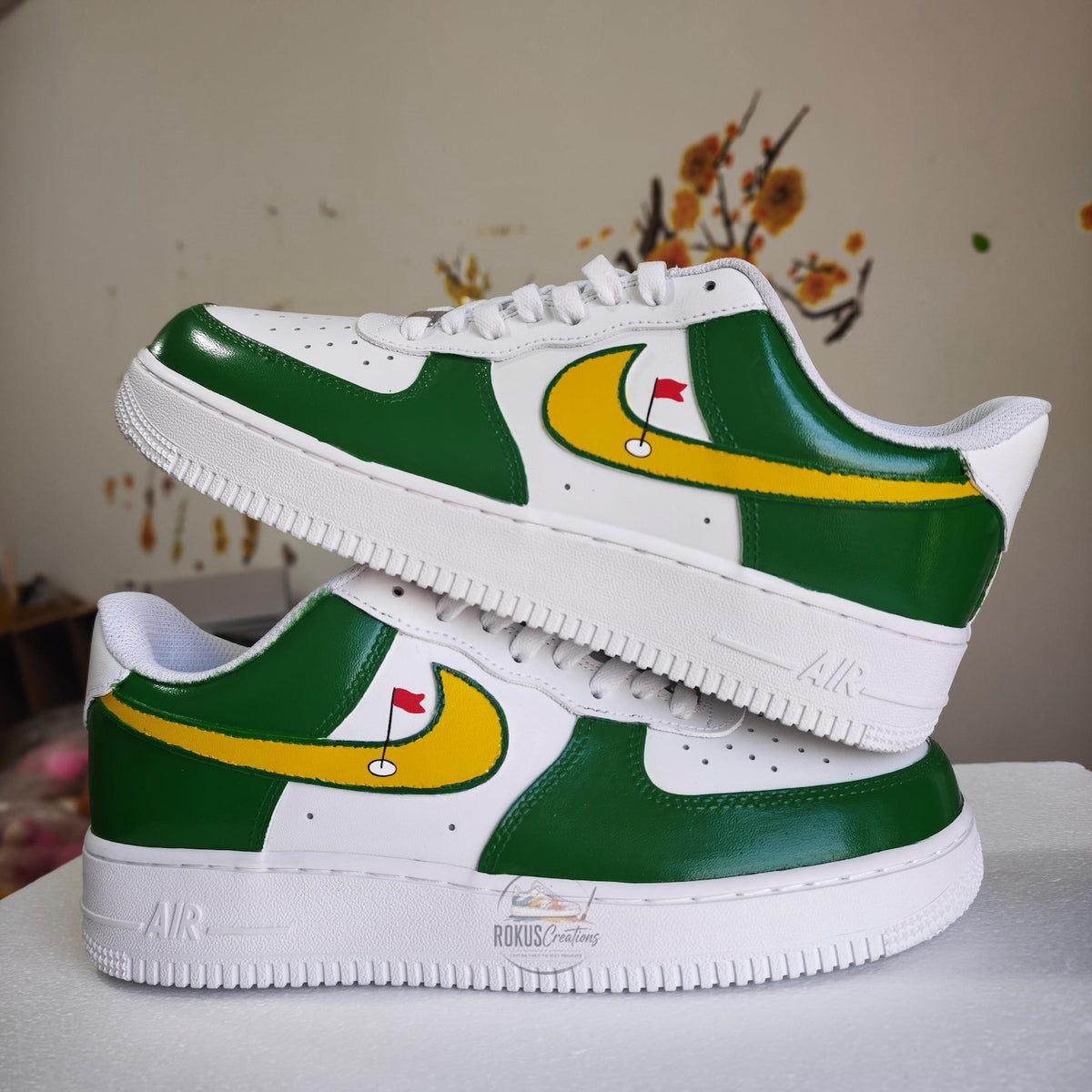 Custom Hand-Painted Green Yellow Golf AF1 Sneakers, Personalized Streetwear Shoes