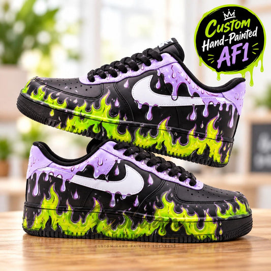 Custom Hand Painted AF1, Neon Green Purple Flame Sneakers, Drip Art Shoes, Personalized Streetwear Gift for Him Her