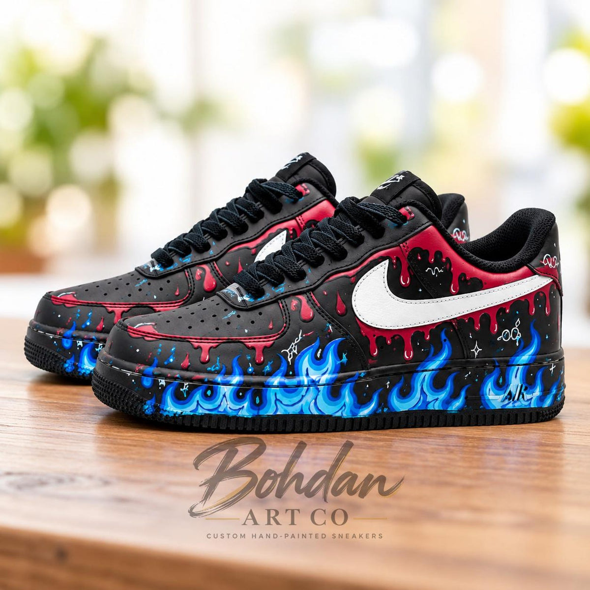 Custom Hand Painted AF1, Blue Flame Red Drip Sneakers, Black Graffiti Shoes, Personalized Streetwear Gift for Him Her