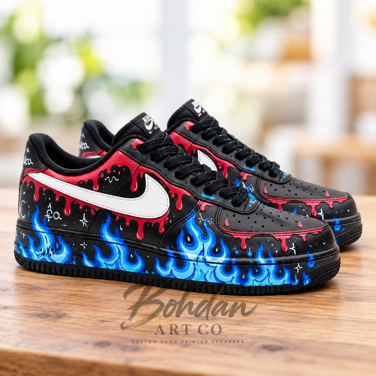 Custom Hand Painted AF1, Blue Flame Red Drip Sneakers, Black Graffiti Shoes, Personalized Streetwear Gift for Him Her