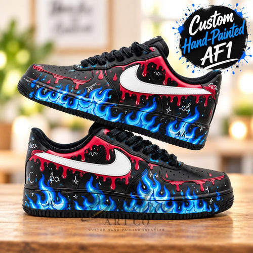 Custom Hand Painted AF1, Blue Flame Red Drip Sneakers, Black Graffiti Shoes, Personalized Streetwear Gift for Him Her