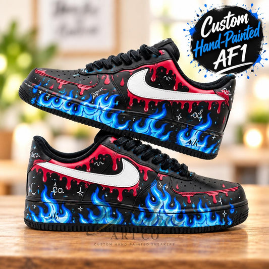 Custom Hand Painted AF1, Blue Flame Red Drip Sneakers, Black Graffiti Shoes, Personalized Streetwear Gift for Him Her