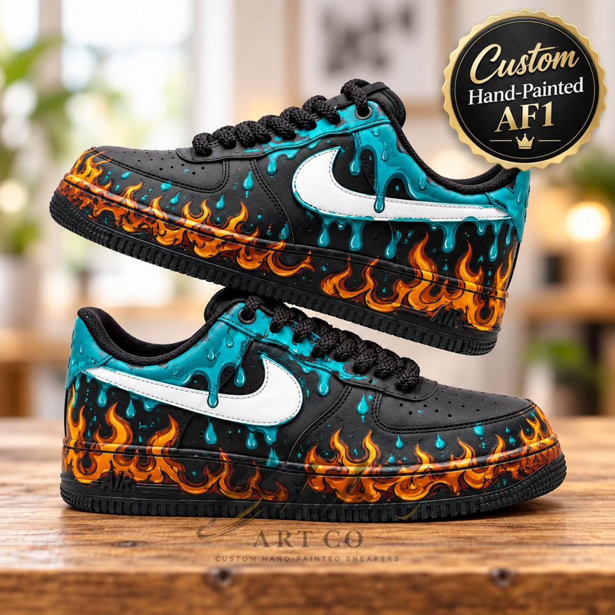 Custom Hand Painted AF1, Orange Flame Teal Drip Sneakers, Black Graffiti Shoes, Personalized Streetwear Gift for Him Her