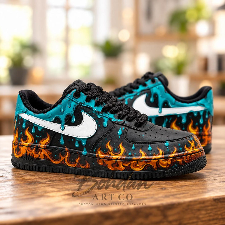 Custom Hand Painted AF1, Orange Flame Teal Drip Sneakers, Black Graffiti Shoes, Personalized Streetwear Gift for Him Her
