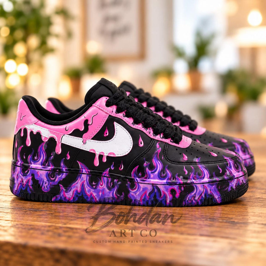 Custom Hand Painted AF1, Pink Drip Purple Flame Sneakers, Black Graffiti Shoes, Personalized Streetwear Gift for Her Him