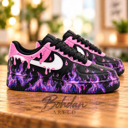 Custom Hand Painted AF1, Pink Drip Purple Flame Sneakers, Black Graffiti Shoes, Personalized Streetwear Gift for Her Him