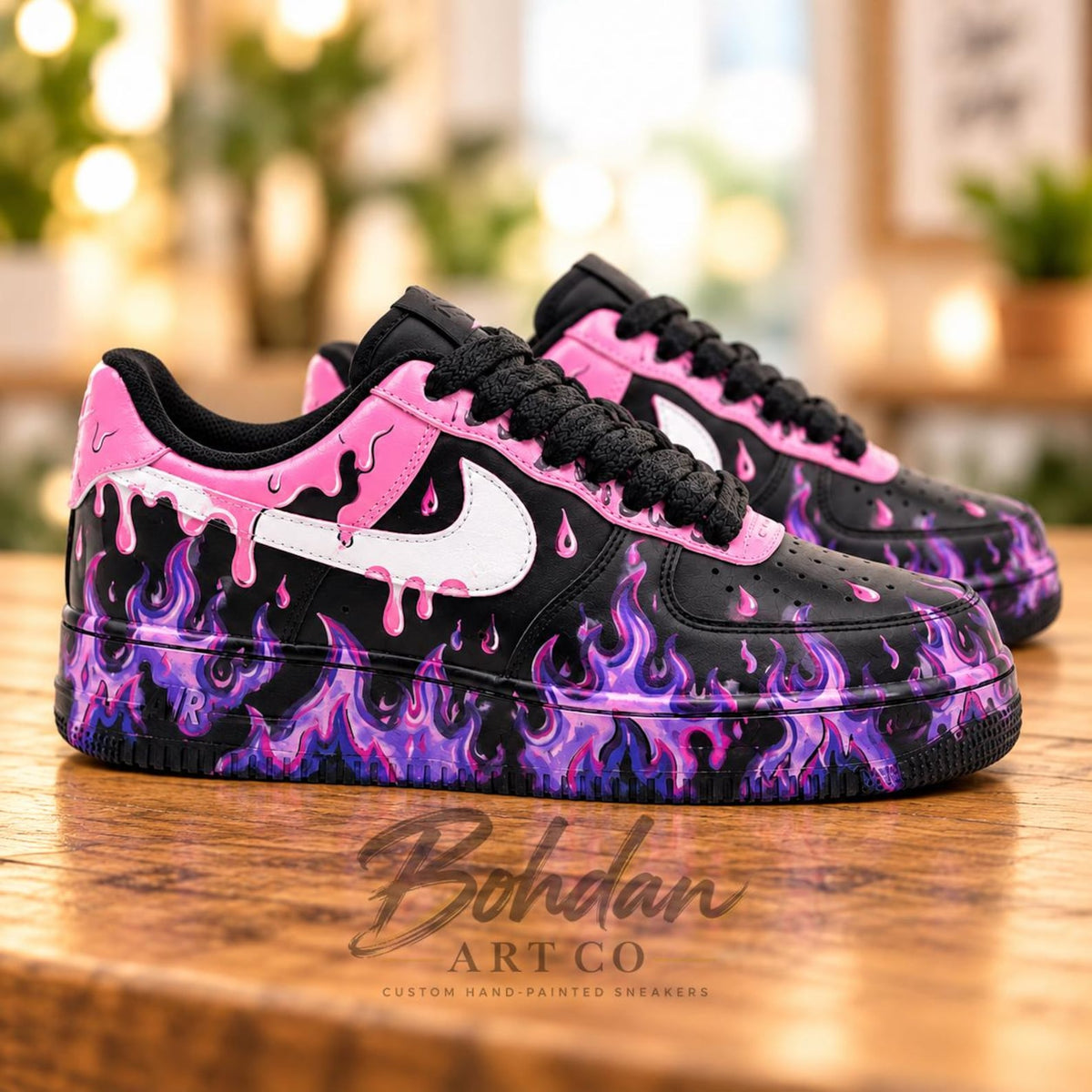 Custom Hand Painted AF1, Pink Drip Purple Flame Sneakers, Black Graffiti Shoes, Personalized Streetwear Gift for Her Him
