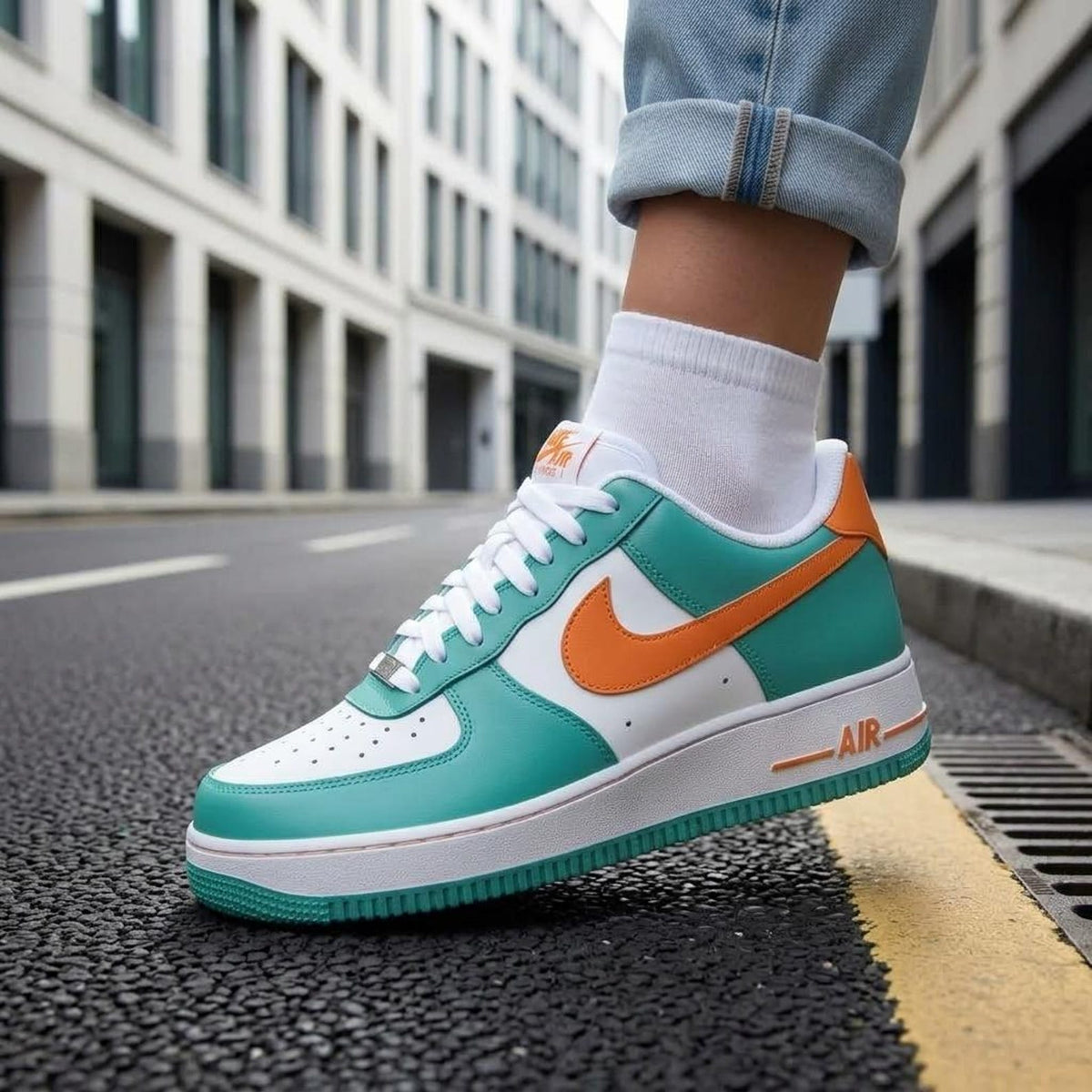 Aqua Orange Sports Custom Air Force One, Game Day Kicks, Handcrafted Footwear