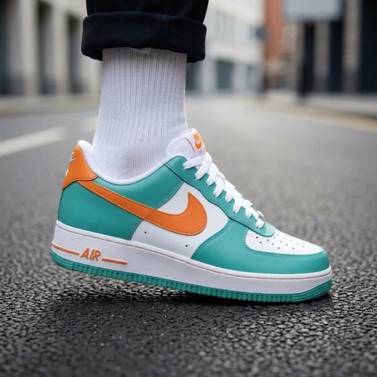 Aqua Orange Sports Custom Air Force One, Game Day Kicks, Handcrafted Footwear
