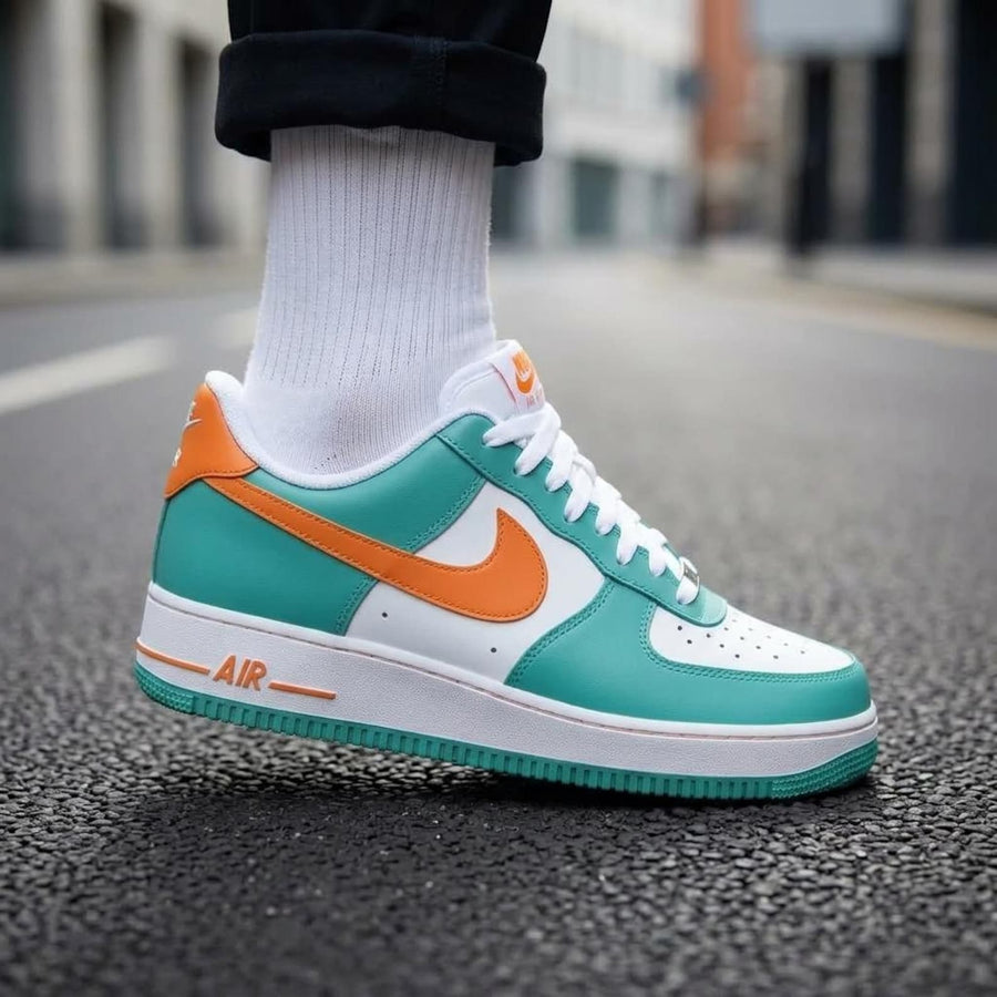 Aqua Orange Sports Custom Air Force One, Game Day Kicks, Handcrafted Footwear