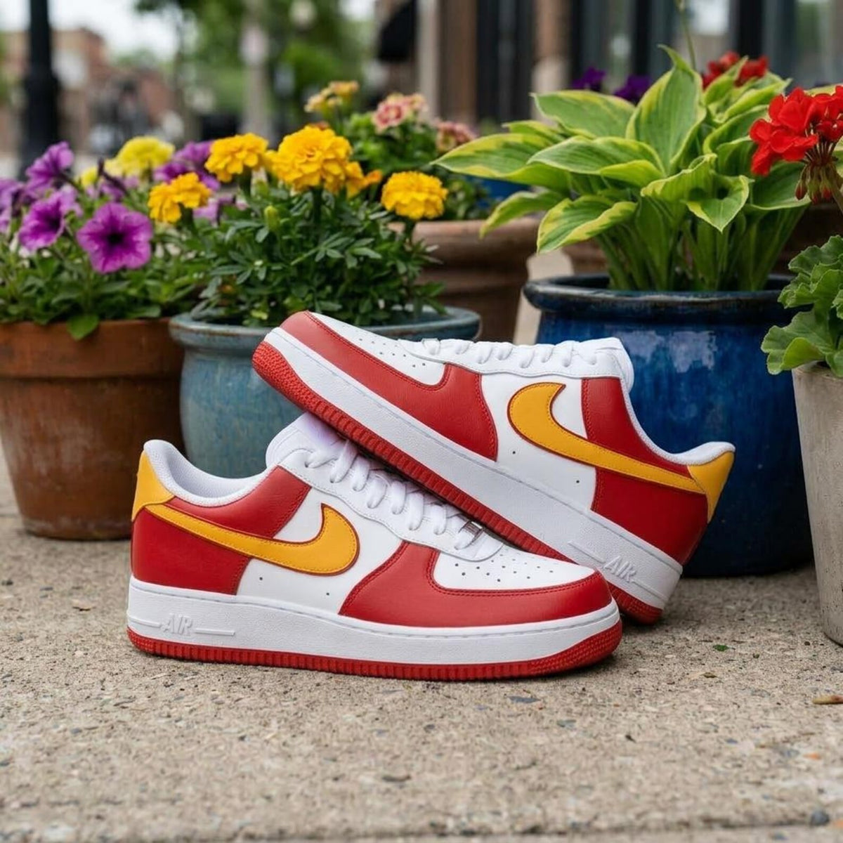 Custom Painted Shoes, Red Gold AF1 Kicks, Handcrafted Athletic Sneakers