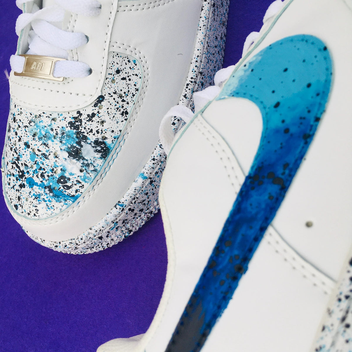 Custom Hand Painted Sneakers, Blue Teal Paint Splatter Design, Air Force 1 Style Shoes, Personalized Streetwear Gift for Him Her