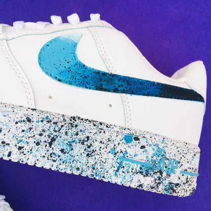 Custom Hand Painted Sneakers, Blue Teal Paint Splatter Design, Air Force 1 Style Shoes, Personalized Streetwear Gift for Him Her