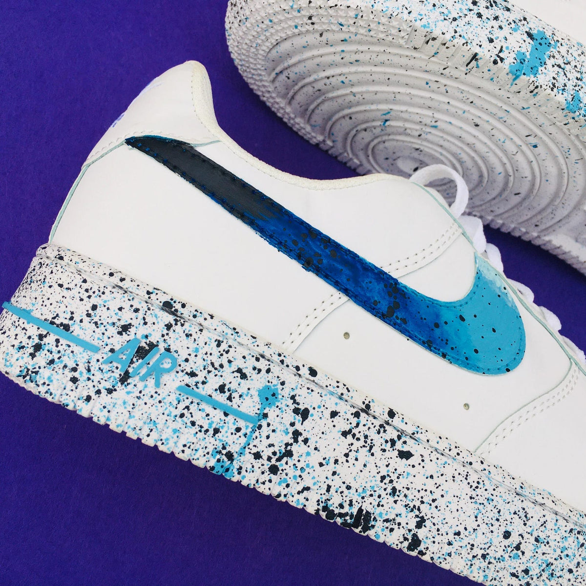 Custom Hand Painted Sneakers, Blue Teal Paint Splatter Design, Air Force 1 Style Shoes, Personalized Streetwear Gift for Him Her