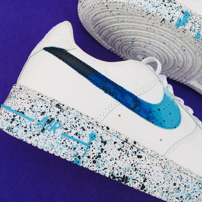 Custom Hand Painted Sneakers, Blue Teal Paint Splatter Design, Air Force 1 Style Shoes, Personalized Streetwear Gift for Him Her