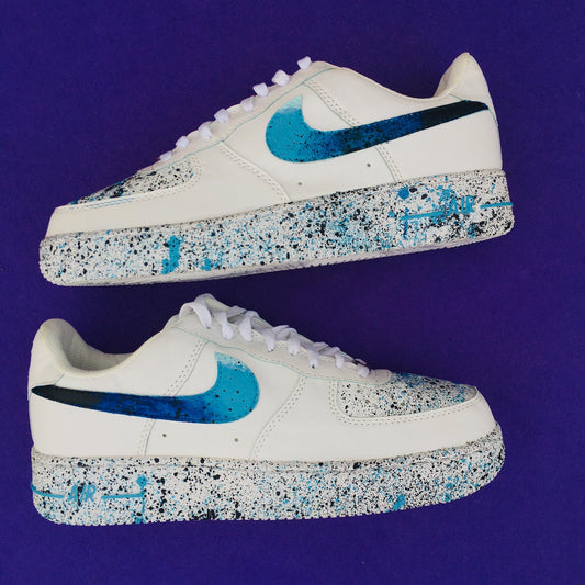 Custom Hand Painted Sneakers, Blue Teal Paint Splatter Design, Air Force 1 Style Shoes, Personalized Streetwear Gift for Him Her