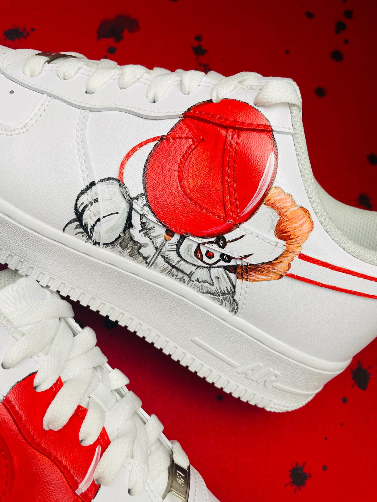 Custom Hand Painted AF1 Sneakers, Pennywise IT Clown Horror Shoes, Red Balloon Spooky Art, Personalized Scary Movie Gift Men Women