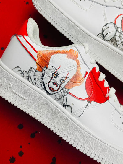 Custom Hand Painted AF1 Sneakers, Pennywise IT Clown Horror Shoes, Red Balloon Spooky Art, Personalized Scary Movie Gift Men Women