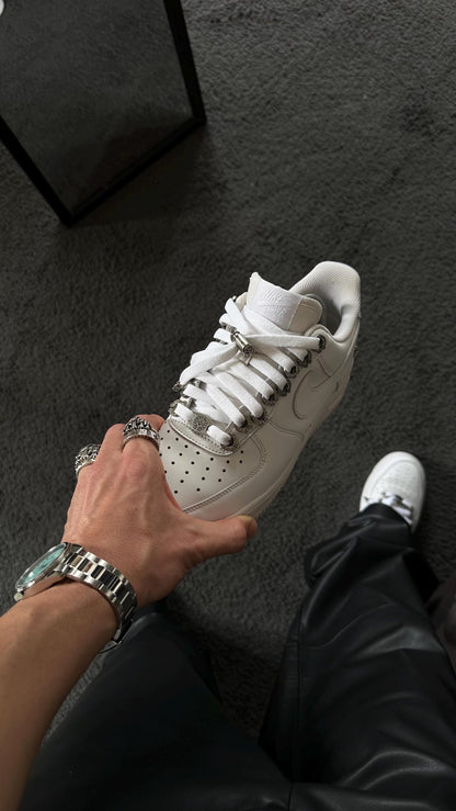 Custom White Nike Air Force 1 Low: Chrome Cross, Silver Details (Y2K Style)
