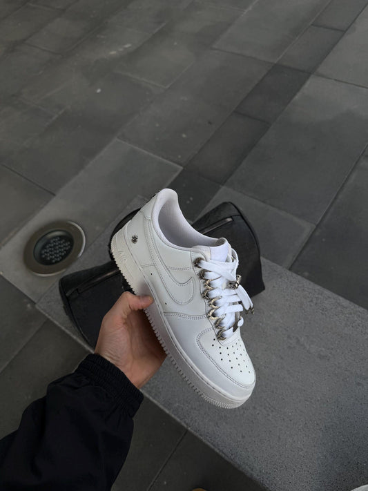 Custom White Nike Air Force 1 Low: Chrome Cross, Silver Details (Y2K Style)