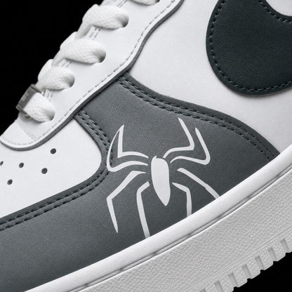 Custom Hand Painted AF1 Sneakers, Red Web Pattern Spider Emblem Shoes, Grey Superhero Comic Streetwear Art, Personalized Gift for Men Women