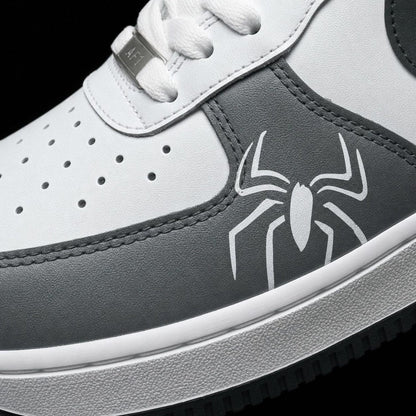 Custom Hand Painted AF1 Sneakers, Red Web Pattern Spider Emblem Shoes, Grey Superhero Comic Streetwear Art, Personalized Gift for Men Women