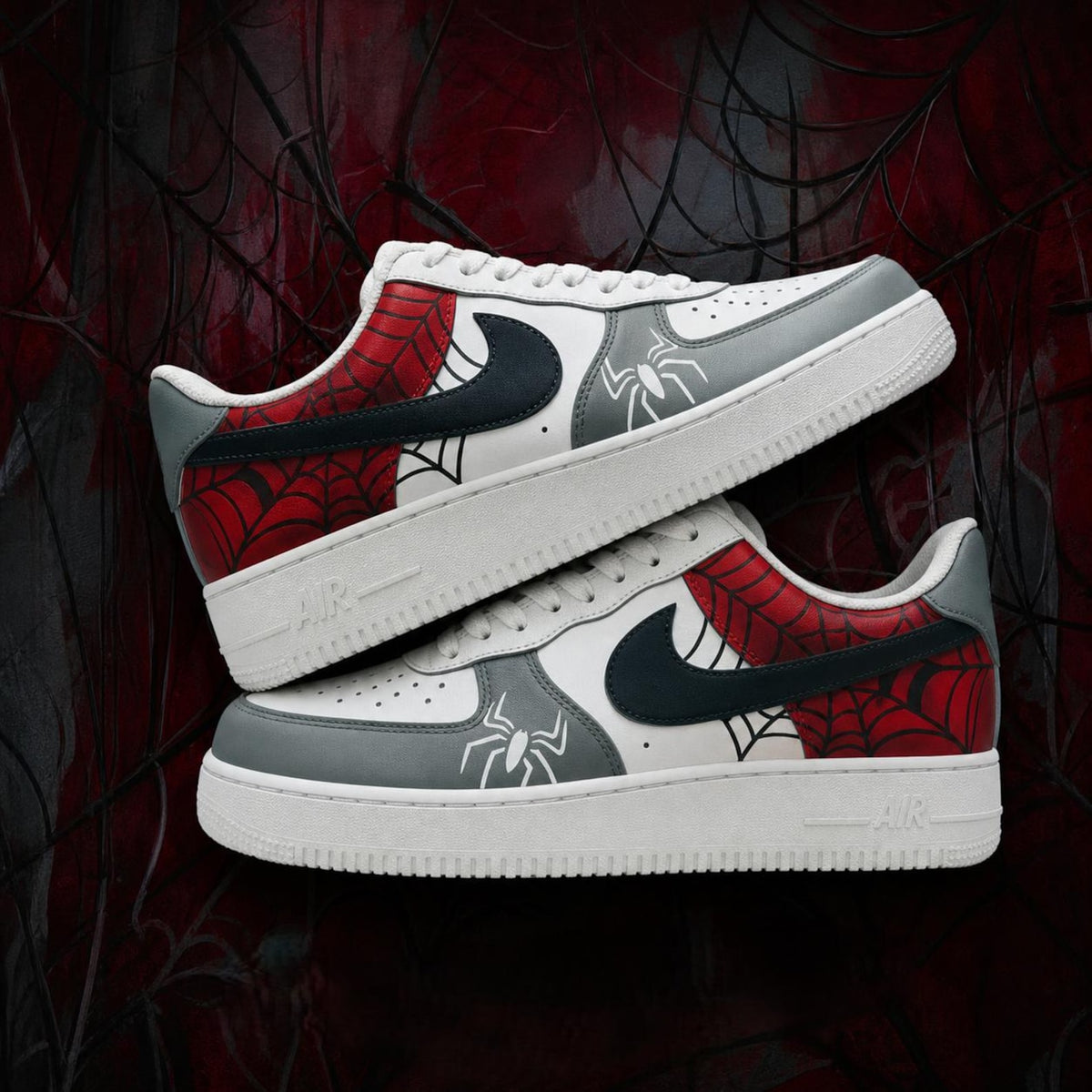 Custom Hand Painted AF1 Sneakers, Red Web Pattern Spider Emblem Shoes, Grey Superhero Comic Streetwear Art, Personalized Gift for Men Women