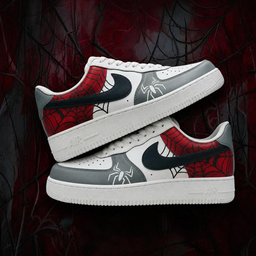 Custom Hand Painted AF1 Sneakers, Red Web Pattern Spider Emblem Shoes, Grey Superhero Comic Streetwear Art, Personalized Gift for Men Women