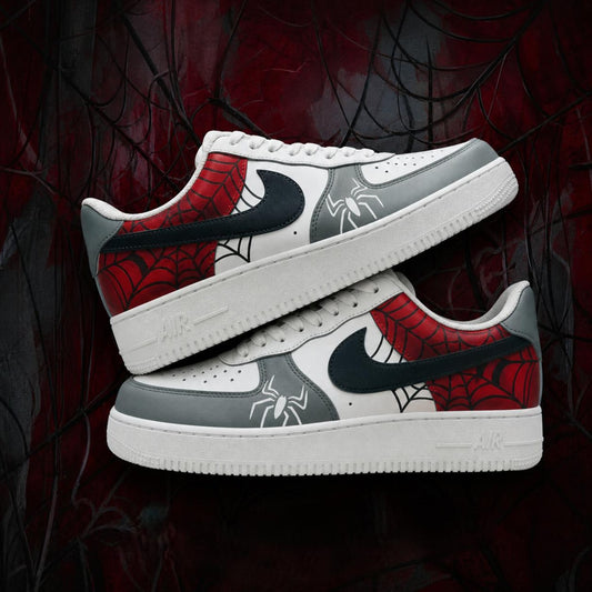 Custom Hand Painted AF1 Sneakers, Red Web Pattern Spider Emblem Shoes, Grey Superhero Comic Streetwear Art, Personalized Gift for Men Women
