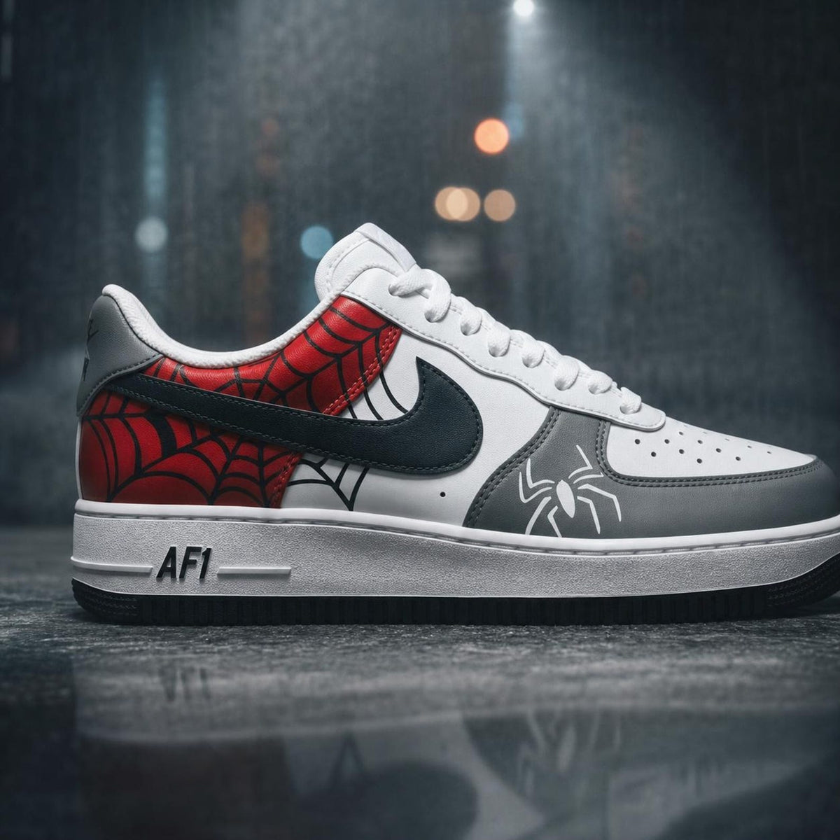 Custom Hand Painted AF1 Sneakers, Red Web Pattern Spider Emblem Shoes, Grey Superhero Comic Streetwear Art, Personalized Gift for Men Women