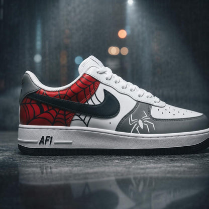 Custom Hand Painted AF1 Sneakers, Red Web Pattern Spider Emblem Shoes, Grey Superhero Comic Streetwear Art, Personalized Gift for Men Women