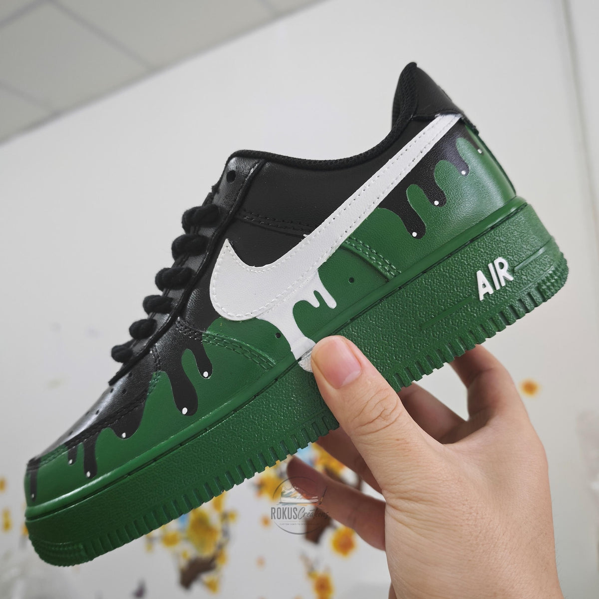 Custom Air Force 1 Drip Sneakers Green Black AF1 Shoes, Hand Painted Streetwear Sneakers, Sneakerhead Gift
