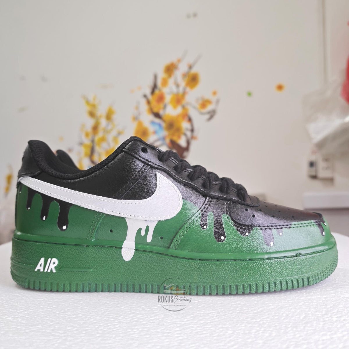 Custom Air Force 1 Drip Sneakers Green Black AF1 Shoes, Hand Painted Streetwear Sneakers, Sneakerhead Gift