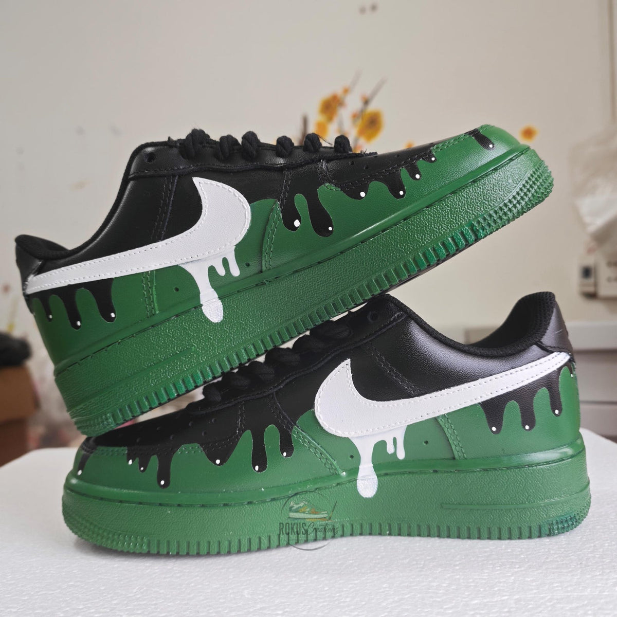 Custom Air Force 1 Drip Sneakers Green Black AF1 Shoes, Hand Painted Streetwear Sneakers, Sneakerhead Gift