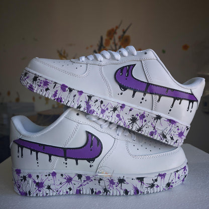Purple Drip Splatter Custom Air Force 1 Sneakers – Hand Painted Streetwear AF1 Shoes