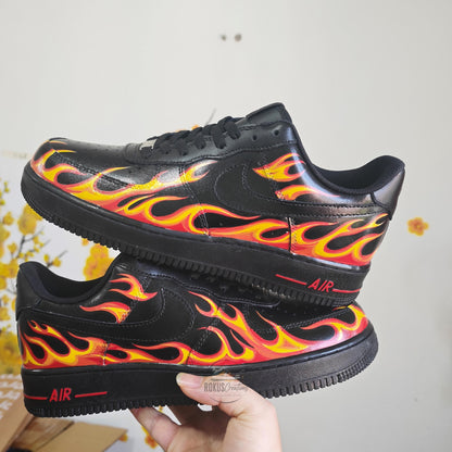 Custom Flame Painted AF1 Black Sneakers, Personalized Fire Design Shoes, Hand Painted Streetwear Trainers