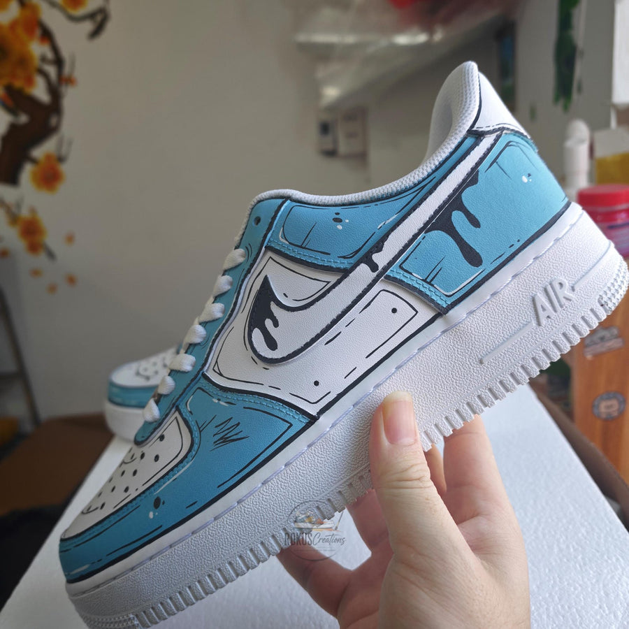 Custom Hand Painted Blue Comic AF1 Sneakers, Personalized Cartoon Drip Air Force 1 Shoes, Pop Art Streetwear Gift for Sneaker Lovers