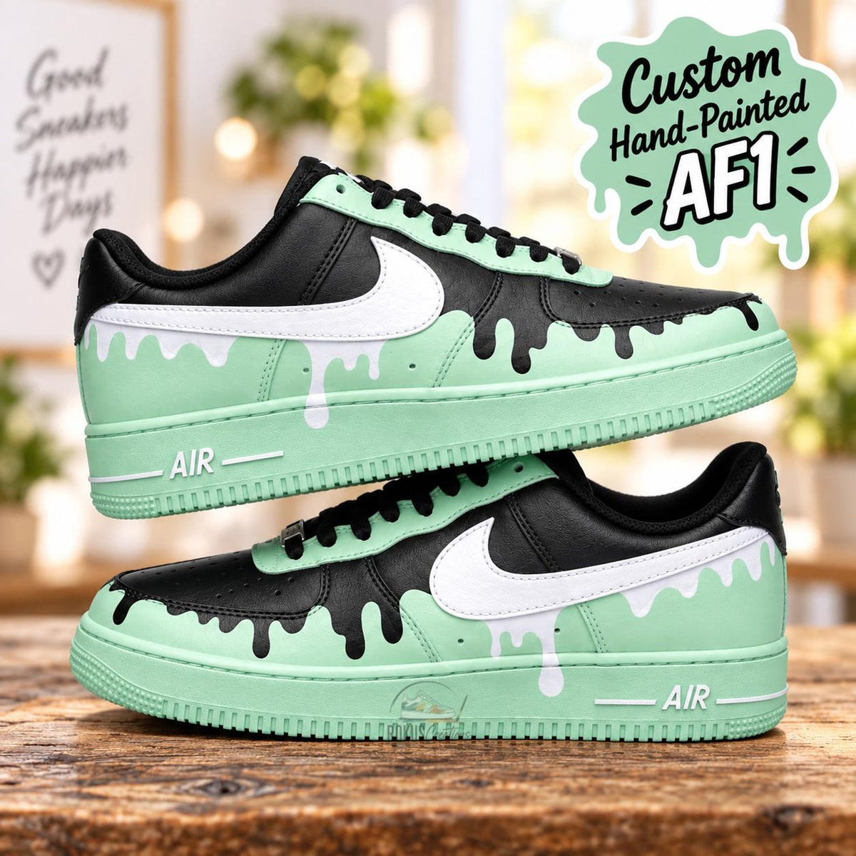 Custom Hand Painted AF1, Mint Green Black Drip Sneakers, Pastel Streetwear Shoes, Personalized Gift for Him Her