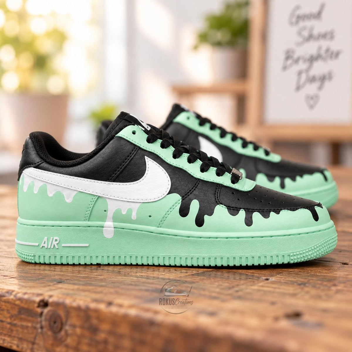 Custom Hand Painted AF1, Mint Green Black Drip Sneakers, Pastel Streetwear Shoes, Personalized Gift for Him Her