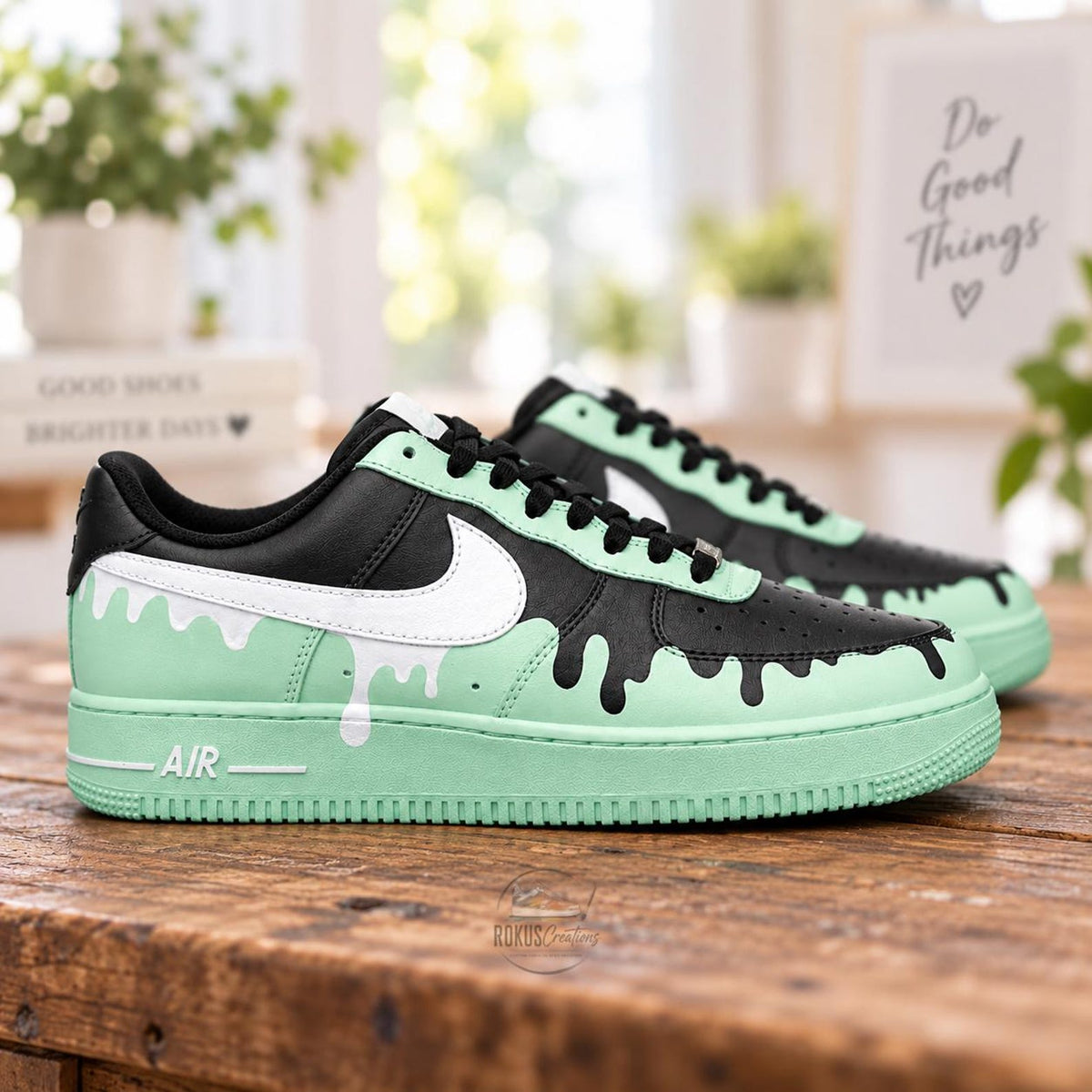 Custom Hand Painted AF1, Mint Green Black Drip Sneakers, Pastel Streetwear Shoes, Personalized Gift for Him Her