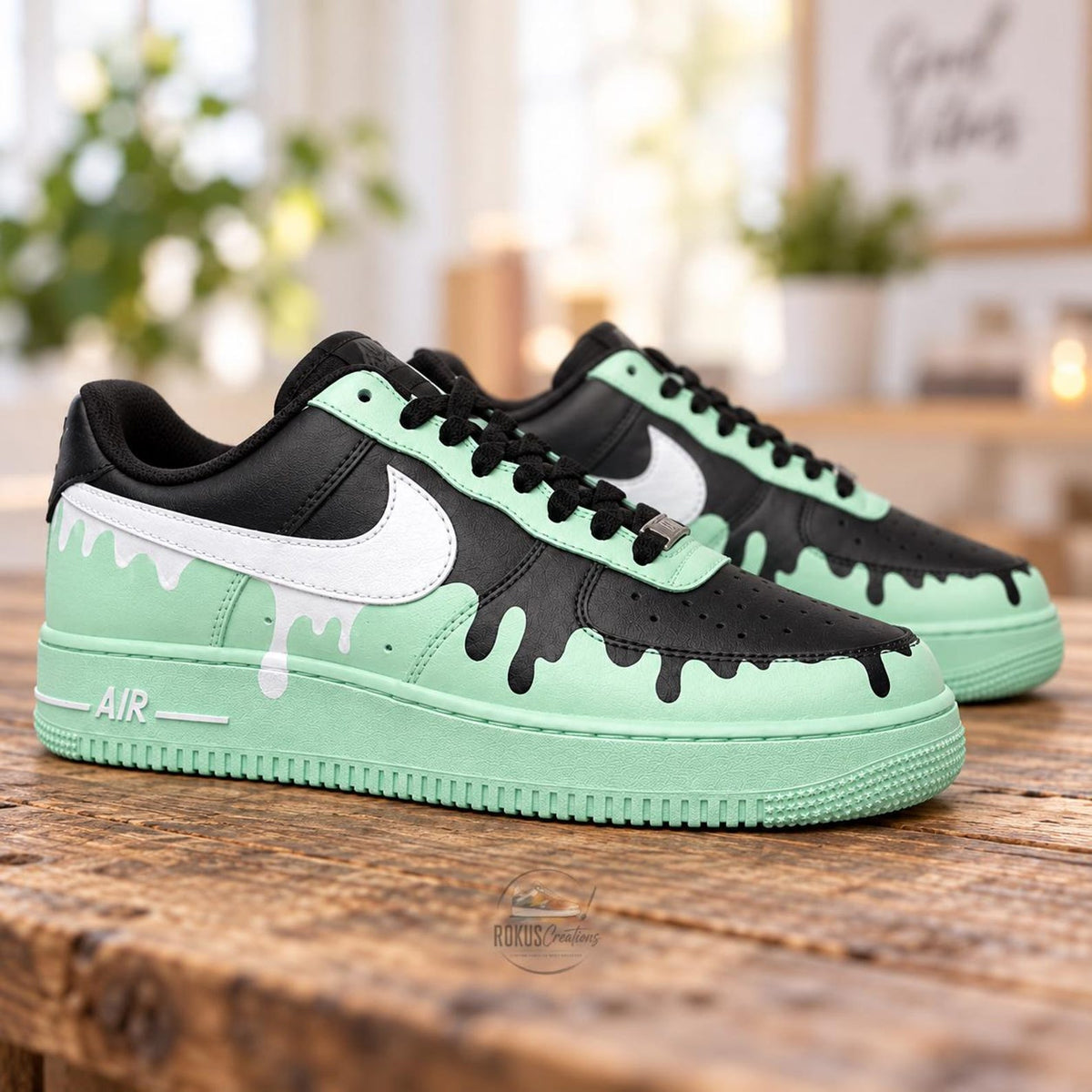 Custom Hand Painted AF1, Mint Green Black Drip Sneakers, Pastel Streetwear Shoes, Personalized Gift for Him Her