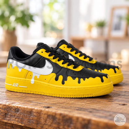 Custom Hand Painted AF1, Yellow Black Drip Sneakers, Bold Streetwear Shoes, Personalized Gift for Him Her