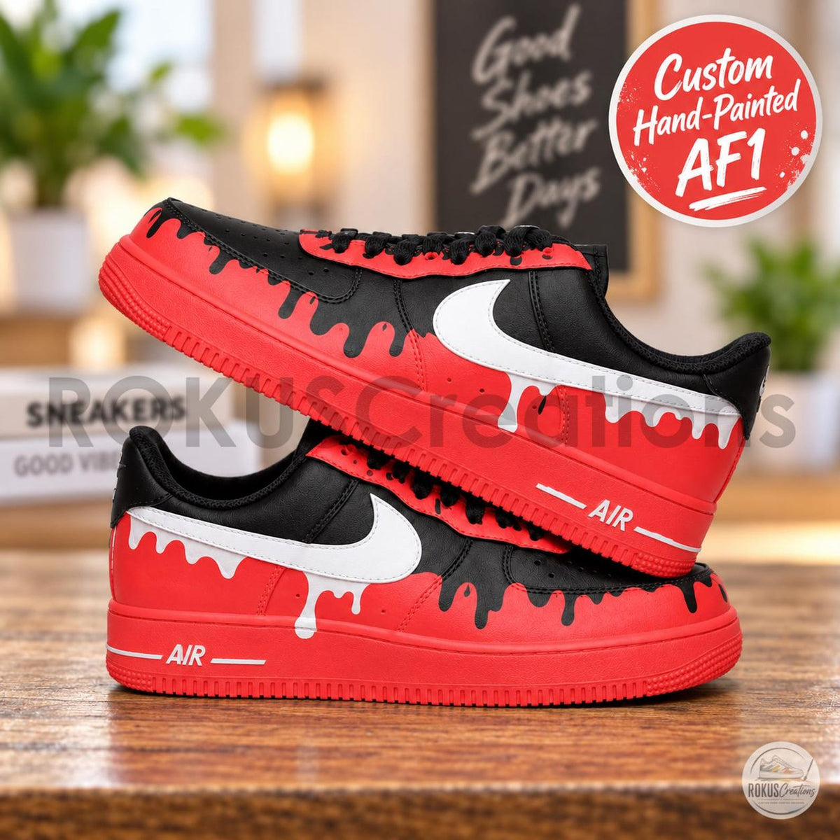 Custom Hand Painted AF1, Red Black Drip Sneakers, Bold Streetwear Shoes, Personalized Gift for Him Her