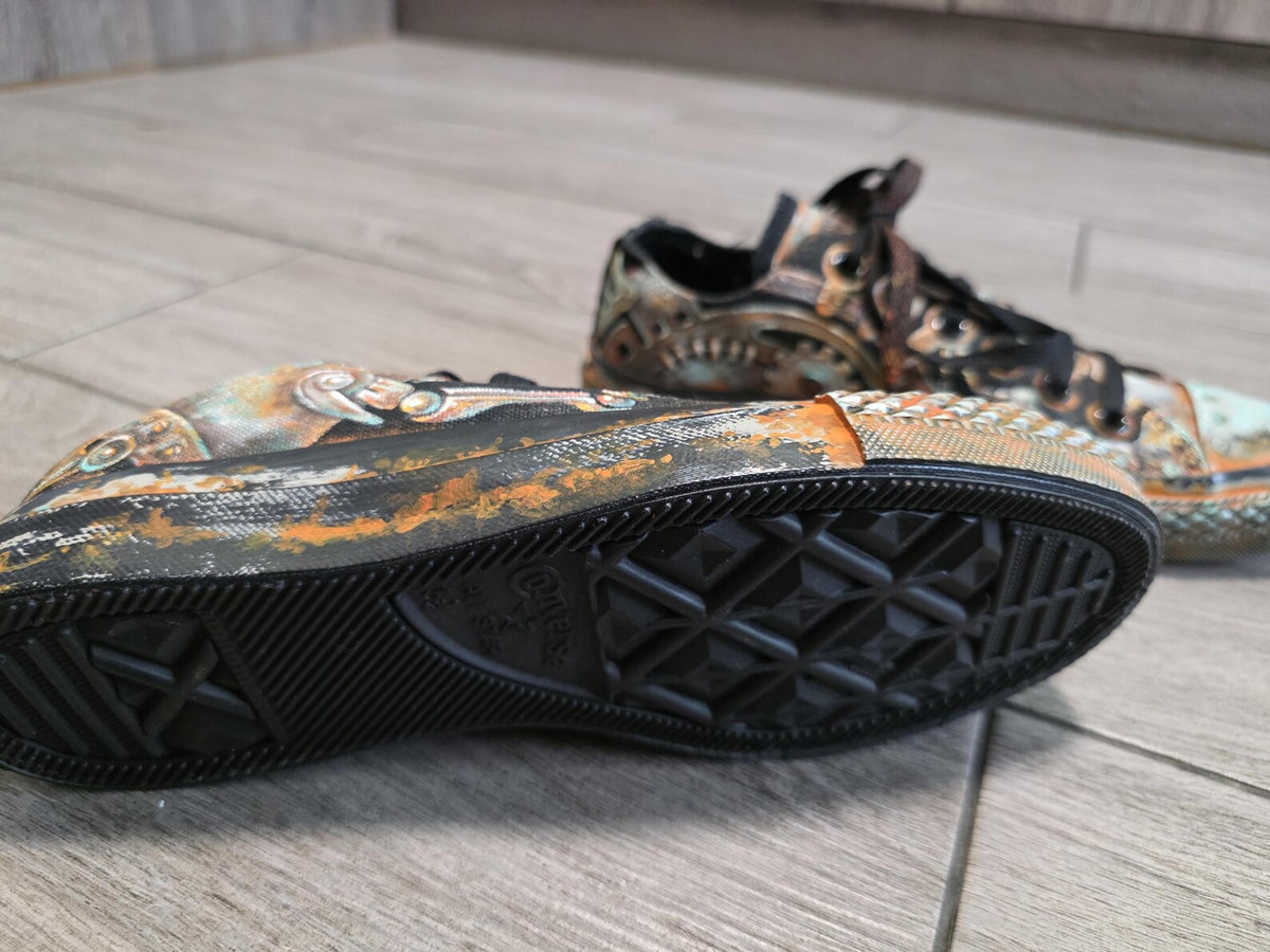 Sneakers, Custom Painted Steampunk Sneakers, Cyberpunk Canvas Shoes, Wearable Art Shoes, Size EU 39 / US Women 8.5 / Men 7 / Teens (25 cm)